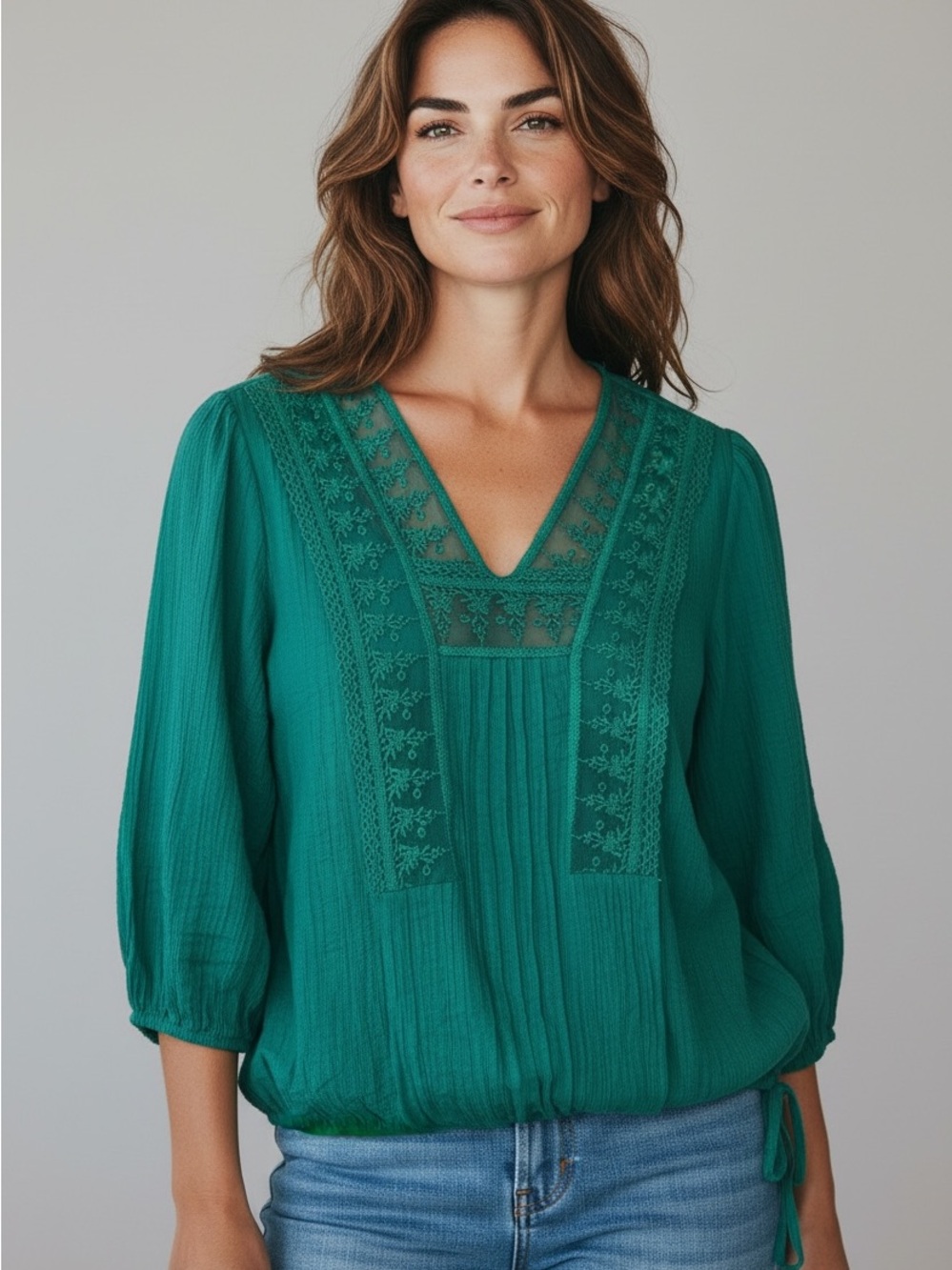 Teal Lace-Panel V-Neck Women's Blouse